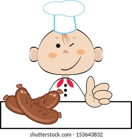 Funny cook with sausages , vector.