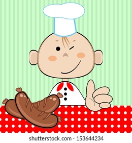 Funny cook with sausages , vector.