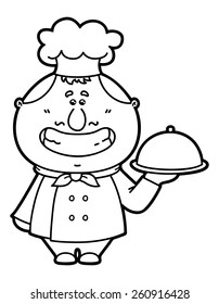 funny Cook. Vector illustration coloring page of happy cartoon friendly Cook which is holding a dish for children and scrap book