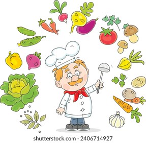 Funny cook in a white chef hat waving his ladle and thinking about an original tasty soup with fresh vegetables and spices from a kitchen garden, vector cartoon illustration on a white background