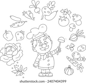 Funny cook in a white chef hat waving his ladle and thinking about an original tasty soup with fresh vegetables and spices from a kitchen garden, black and white outline vector cartoon illustration