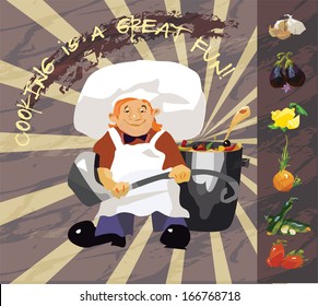 Funny cook-dwarf with a set of ingredients