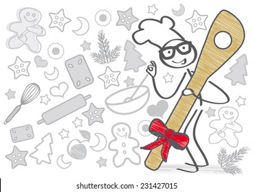 funny cookie baker surrounded by Christmas symbols