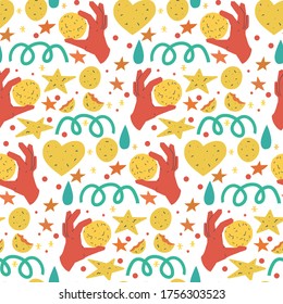 Funny cookie seamless pattern. Party, celebration design element. Colorful wrapping paper or background.