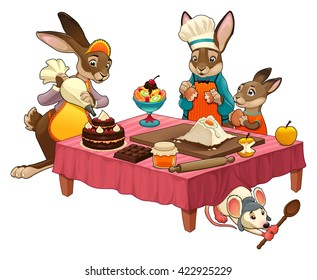 Funny cooking scene with rabbits making sweets. Vector cartoon illustration.