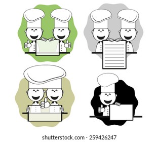 Funny cooks with menu, vector set.