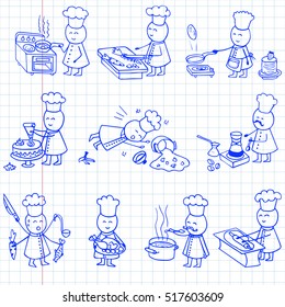 Funny cooks set. Doodle vector illustration on notebook page. Cooking hand drawn background.