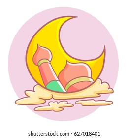 Funny and cool abstract mosque inside crescent moon and clouds around it in ramadan Kareem - vector.
