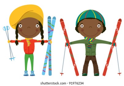 Funny cool African-American kids with skis isolated on white background