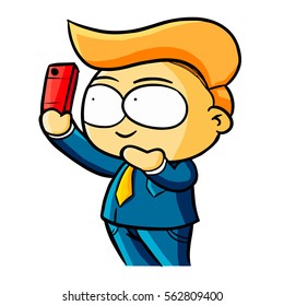 Funny and cool businessman get selfie while working - vector.