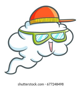 Funny and cool cartoon cloud flying happily wearing a red hat - vector.