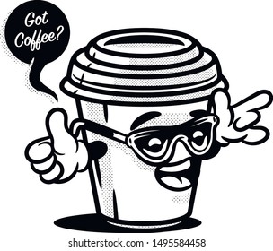 Funny cool cartoon coffee cup mascot in glasses with speech bubble, isolated vector with halftone