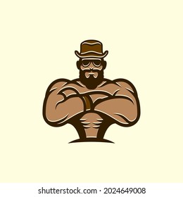 Funny, Cool, Cartoon Cowboy Hipster Body Building Vector Character Illustration