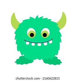 Funny cool cartoon fluffy green monster, aliens or fantasy animals for childish cards and books. Hand drawn flat vector illustration isolated on white background.
