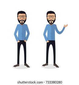 funny and cool cartoon guy in casual clothes, gesturing. Vector illustration, Hipster Style