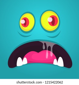 Funny cool cartoon monster face. Vector Halloween blue monster character
