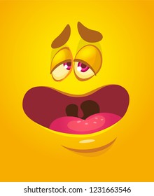 Funny cool cartoon monster face. Vector Halloween yellow monster character tired