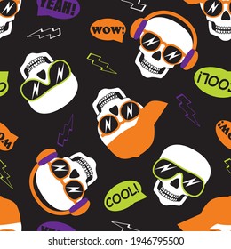 Funny and cool cartoon skeleton head  lisent music. Halloween seamless pattern. Vector illustration.