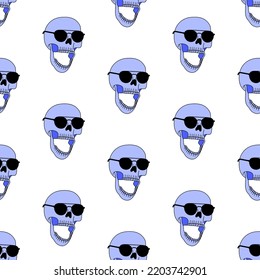 Funny and cool cartoon skeleton with sunglasses seamless pattern. Vector illustration. Design for halloween concept.