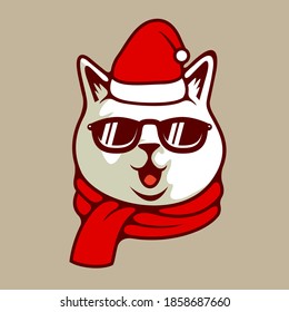 Funny Cool Cat In Red Santa Claus hat And Scarf. Vector illustration for card or poster, print on clothes. New Year's and Christmas Vector Illustration - Vector