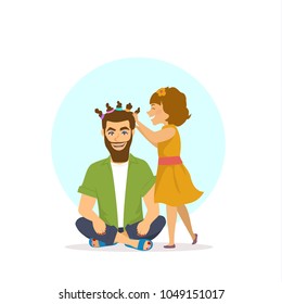funny cool cheerful father and daughter party time scene, cute girl is making hair makeup nails, manicure and pedicure for dad, happy fathers day humor scene vector illustration isolated