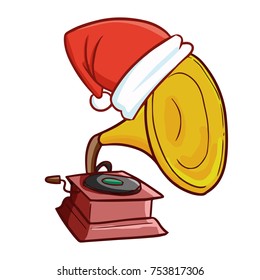Funny, cool, and cute gramophone wearing Santa's hat - vector.