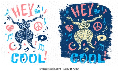 Funny cool dude character theme music party doodle style lettering slogan graphic art for t shirt design print posters. Hey, cool, hearts. Hand drawn vector illustration.