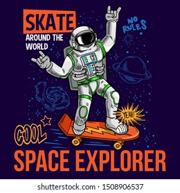 Funny cool dude in space suit rides skateboard between planets. Cartoon comics pop art for print design t shirt apparel poster for children.