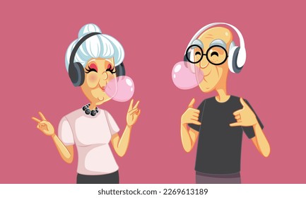 
Funny Cool Elderly Couple Being Trendy Vector Cartoon Illustration. Happy married grandpa and grandma feeling young at soul
