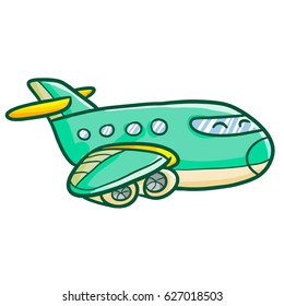 Funny and cool green yellow airplane flying and smiling happily - vector.