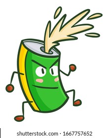 Funny and cool green yellow soda can character standing and expend soda