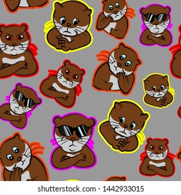 funny cool impressive expression animals nervous, otter perplexed, pet cute  confused, beaver puzzled,  seamless pattern with gray background