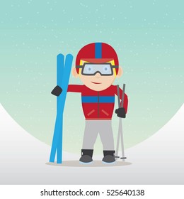 Funny cool kids playing ski on cold background. Vector Illustration