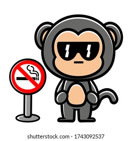 funny and cool monkey standing next to a smoking warning