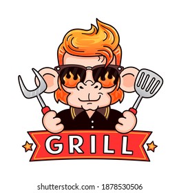 Funny cool monkey in sunglasses with grilling tools. Grill logo design. Vector cartoon kawaii character illustration icon. Isolated on white background. Monkey cooking mascot character grill concept