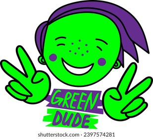 Funny, cool, monster, green, dude,  cartoon character, friendly and pleasant happy, smiling face with purple hair. Bright style. Cute vector illustration. 