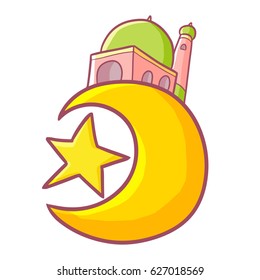 Funny and cool mosque on crescent moon with star on ramadan Kareem - vector.
