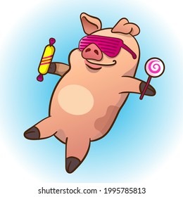 Funny cool pig cartoon character in sunglasses lying with two candies. Vector illustration