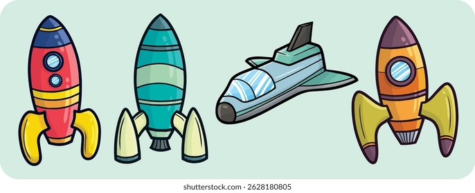 Funny and cool rocket cartoon illustration set	