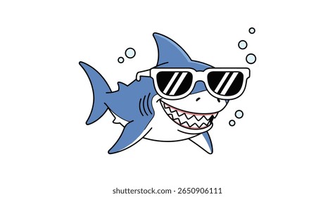 Funny cool shark wearing sunglasses swimming underwater bubbles happy fun