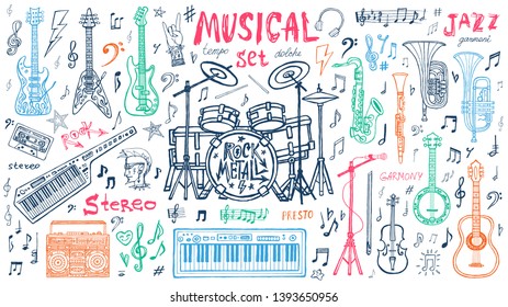 Funny cool sketch set, theme music party, doodle style lettering, musical notes, instruments slogan graphic art for t shirt design print posters. Hand drawn vector illustration.