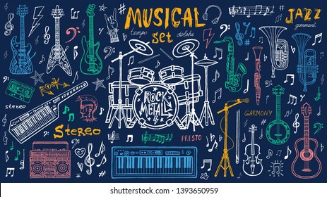 Funny cool sketch set, theme music party, doodle style lettering, musical notes, instruments slogan graphic art for t shirt design print posters. Hand drawn vector illustration.