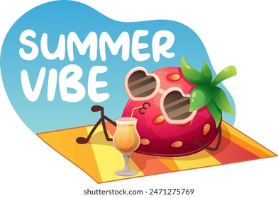 Funny cool strawberry in sunglasses and on beach blanket drinks cocktail. Summer vibe, hello summer. Vector illustration