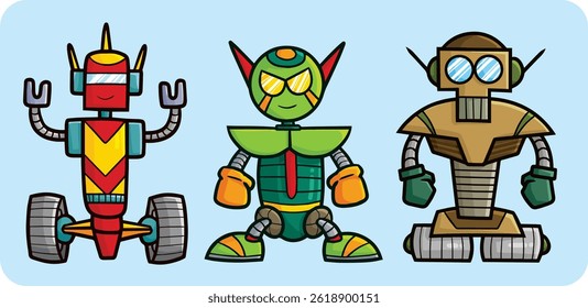 Funny and cool three robots cartoon illustration set