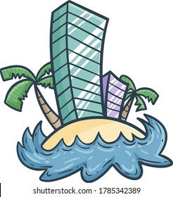 Dos edificios divertidos y geniales en una pequeña isla al estilo de las caricaturas simples