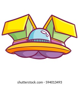 Funny and cool UFO with artificial houses on it - vector.