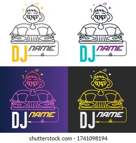 Funny cool vector dj logo. Charismatic disc jockey at the turntable. Music logotype template. For accessory, brand, identity, logotype, company, shop, dj party. Mp3 sign. Four mode.
