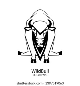 Funny cool wild bull grimaces and poses while sitting on a white background. Sticker, logo or template. Vector illustration.