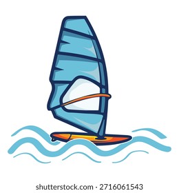 Divertido y fresco windsurf. Estilo limpio simple. Deportes de verano. Deportes acuáticos con vela. Vela de colores brillantes