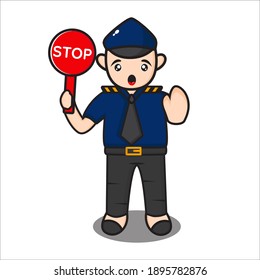 funny cop mascot with stop sign, police cartoon character on white background vector eps 10